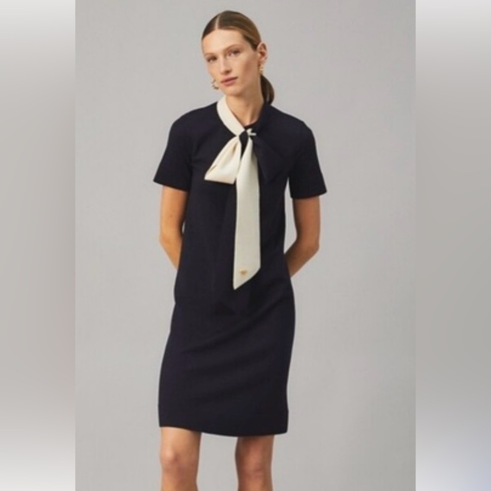 Tory Burch Women's Short Sleeve Bow Navy & Ivory  Sweater Dress Size S